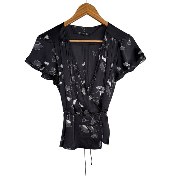 Zara Tops - Zara Womens Top Large Black White Floral Wrap Flutter Y2K Peplum Whimsigoth